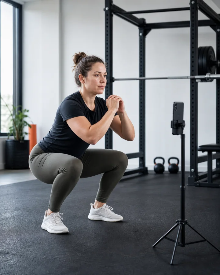 Gym member practicing squat form while GymDawg analyzes movement from a phone camera
