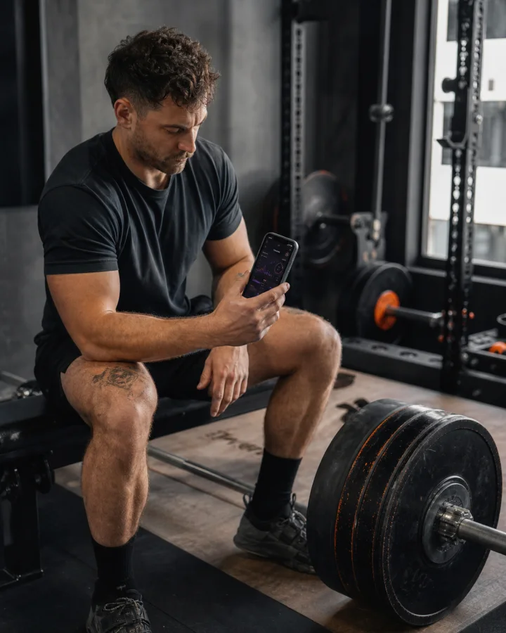 Experienced lifter reviewing GymDawg training progress between barbell sets